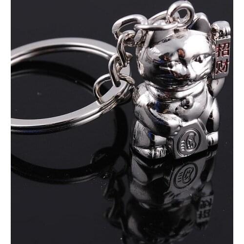 Mini Maneki Neko Fortune Lucky Cat Silver Metal Charm Car Key Ring Keychain Creative Party Birthday Gift