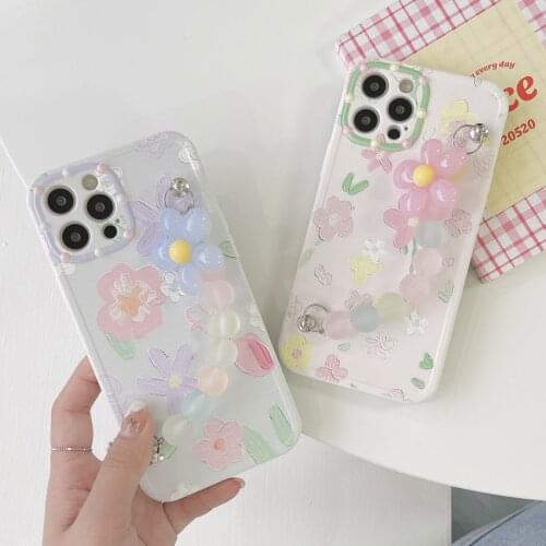 Flower Painting Bead Bracelet Chain Camera Case For iPhone 12 11 Pro Max X XS XR 7 8Plus 12Mini Case Shockproof Wrist Soft Cover