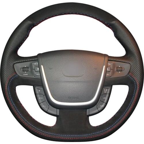 Black Natural Leather Black Suede Car Steering Wheel Cover for Peugeot 508