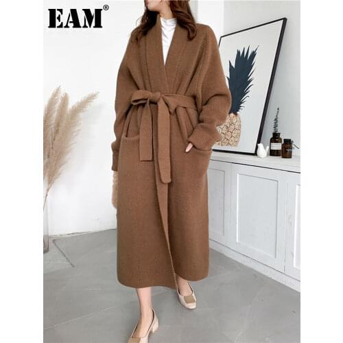 [EAM] Bandage Big Size Knitting Cardigan Sweater Loose Fit V-Neck Long Sleeve Women New Fashion Tide Autumn Winter 2021 1Y191