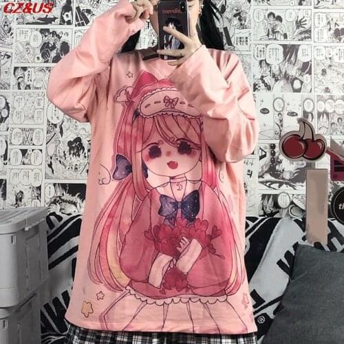 T-shirt Long Sleeve Harajuku Pink Kawaii Japanese Cute Anime Girl Print Tee Autumn 2021 New Loose T-shirt Student Top Streetwear