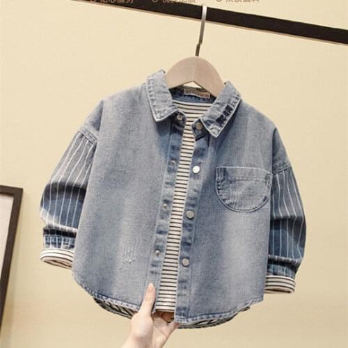 INS HOT Baby Boys shirt 3-9 years old autumn and winter Denim stitching stripes Korean Cotton jacket thin boy kids tops