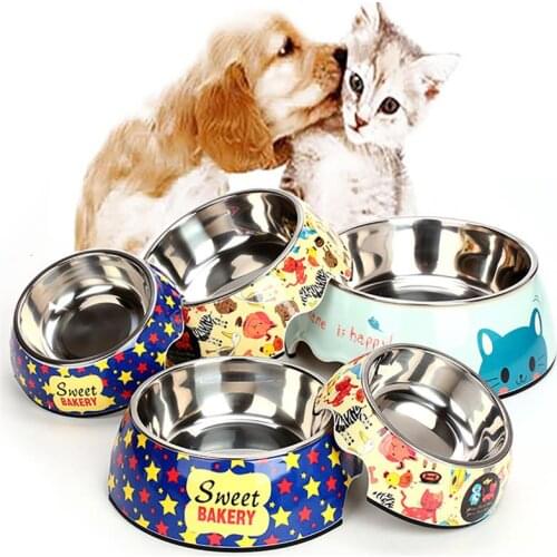 Quality Stainless Steel Anti-skid Dog Cat Food Water Bowl Bone Cartoon Star Banana Cow Cat Printed Pet Feeding Tool Bowl 7 color