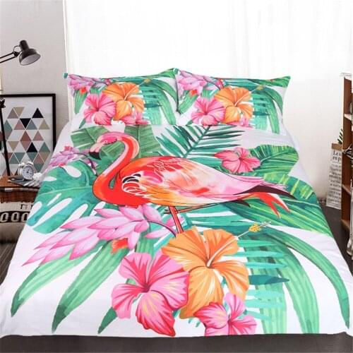 Flamingo Duvet Cover Queen Bedding Set Tropical Plant Quilt Cover King Size Home Bed Set Flower Print Pink Green Bedclothes 3pcs