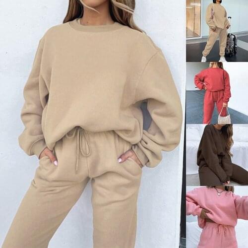 Autumn Hoodies Women Two Piece Set Solid Fleece Oversized Tracksuits Winter Thick Warm Hooded Sweatshirt Jogger Pants Suit
