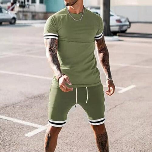 Summer Casual Two Piece Set For Men Sports O Neck Tops And Drawstring Shorts Outfits Fashion Striped Letter Print Mens Tracksuit