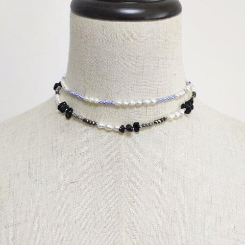 Fashion exquisite blue bead short necklace natural freshwater pearls mix and match boho style jewelry handmade adjustable choker