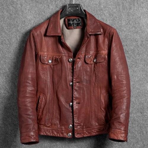 Mens Vintage kid skin slim fit real leather jacket short do old red casual motorcycle leather jacket men biker jacket youth