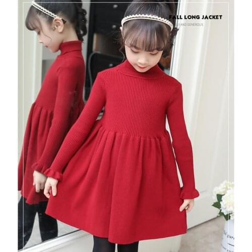 Girls Dress Solid Knitted Dress Girls Turtleneck Sweater Dress Girl Autumn Winter Kids Girls Clothes 6 8 10 12 14 Year
