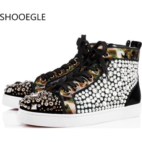 SHOOEGLE Luxury Men Handmade Shoes Men Diamond Studs High Top Sneakers Lace Up Crystal Flats Rhinestone Shoes Men Runway