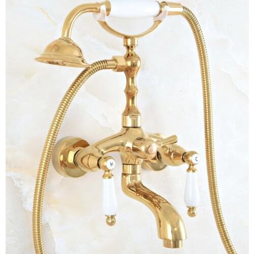 Luxury Polished Gold Color Brass Bathroom Wall Mounted Clawfoot Tub Faucet Taps Set With Hand Held Shower Head Spray mna812