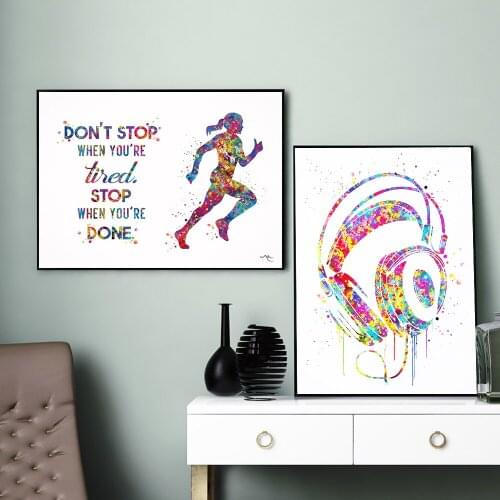 Headphone Sport Runner Quote Watercolor Poster Music Art DJ Gift Wall Art Canvas Painting For Teen Room Bedroom Musical Decor
