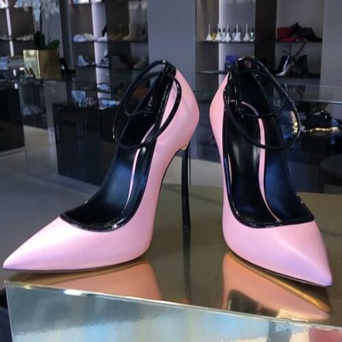 Newest Women Purfle Patchwork Double Ankle Strap Blade Heels Pumps Ladies High Heels Wedding Shoes Female Pointed Toe Party Heel