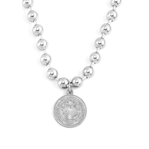 6mm/8mm Stainless Steel Bead Chain big Ball punk Necklace Saint Benedict Medal Women Choker Long ball Necklaces For Men/women