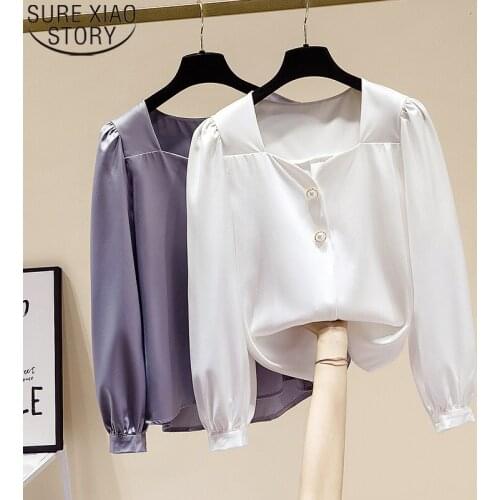 2021 Spring New Square Collar Long Puff Sleeve Elegant Button Up Shirts Women Chiffon Shirt Tops Ladies Fashion Blusas 13464