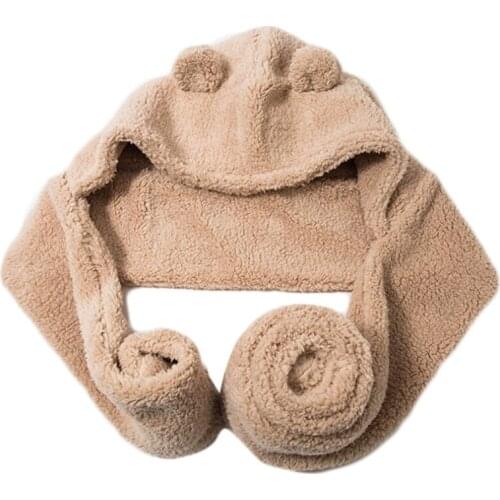 Women Winter 2 In 1 Hooded Long Scarf Beanie Hat Cute Bear Ears Thicken Fluffy Plush Earflap Cap Thermal Neck Warmer