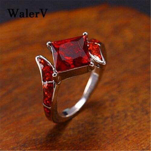 WalerV Ring For Womens Set Fashion Charm High Quality Square Imitation Red Fire Opal Wedding Ring Jewelry Finger