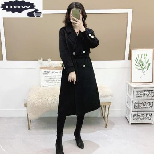 Wool Overcoat Women Autumn Winter Black Slim Double Breasted Medium Long Coat Elegant Office Sashes High Waist Jacket Female