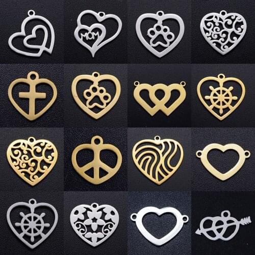 5pcs/lot Love Heart DIY Charms Wholesale 100% Stainless Steel Cross Peace Jewelry Pendant Flower Pet Paw Hearts Connectors Charm