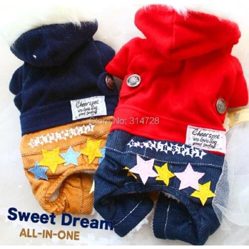 Free shipping star dog clothes lining cashmere hoodie Corduroy Jumper all in one pet romper