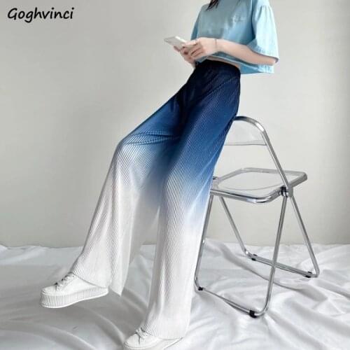 Gradient Color Pants Women Elastic Waist Wide Leg Straight Plus Size S-3XL Thin Ribbed Mopping Trousers Female Trendy All-match