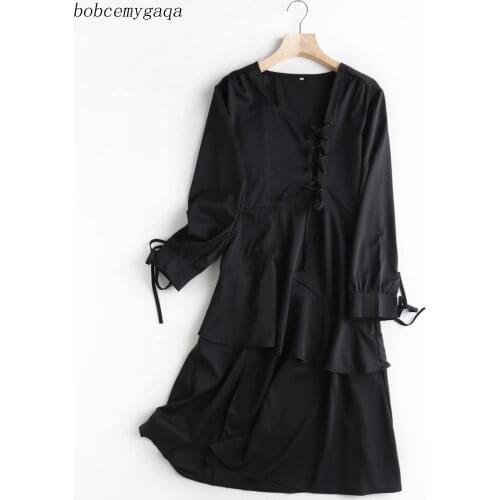 Black vintage split dress women long sleeve autumn square collar ruffled asymmetrical dress ladies elegant dress vestidos mujer