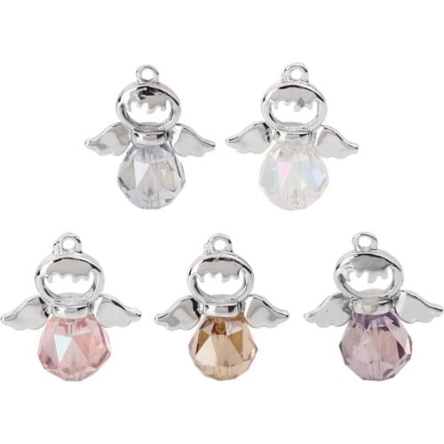 DoreenBeads Metal Glass Charms Fairy Silver Color Pink Faceted Pendants Handmade DIY Making Necklace Jewelry 21mm x 19mm, 5PCs