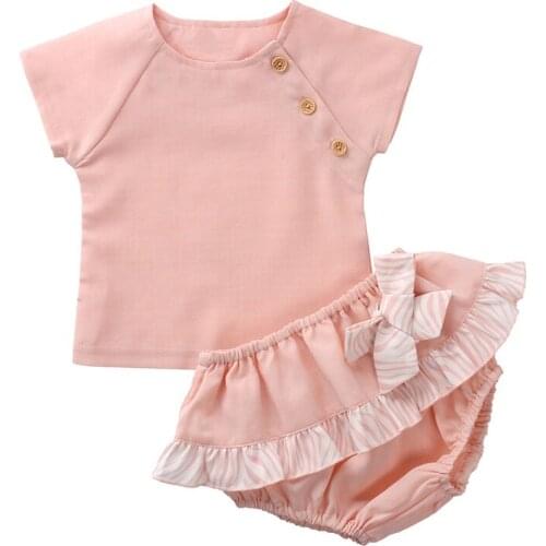 Cotton 2Pcs Toddler Baby Girl Clothes Sets Pink Short Sleeve Tops Ruffle Short Pants Summer Cute Cotton Outfits 0-24M