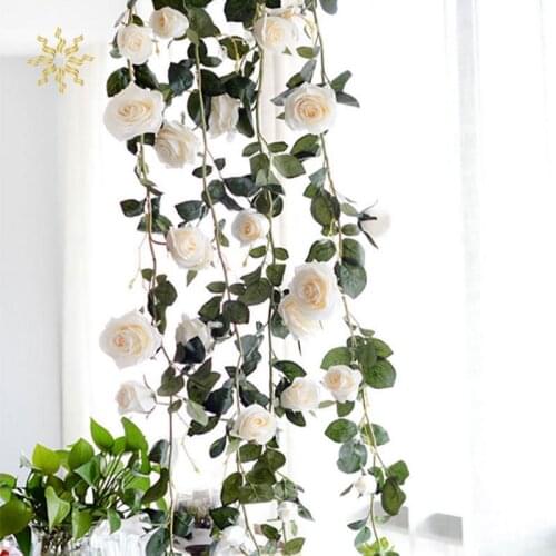 Silk Artificial Roses Flowers Rattan String Vine with Green Leaves for Home Wedding Garden Decoration Hanging Garland Wall