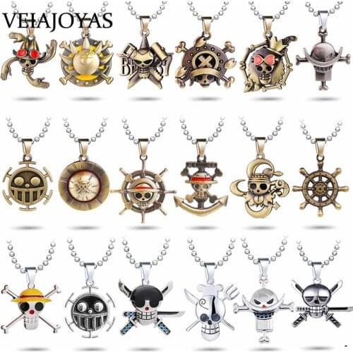 Classic Anime One Piece Necklace Cosplay Luffy Pirate Skull Metal Pendant Necklace Bead Chain Cool Choker Jewelry Gift Souvenir