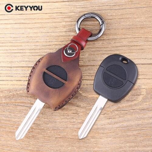 KEYYOU 2 Button Remote Fob Leather Car Key Shell For Nissan Micra Almera Primera X-Trail Replacement Uncut Blade Car Key Case