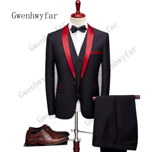 Gwenhwyfar (Jacket+Pants) Black Men Suit With Red Shawl Lapel Groom Tuxedos Men Wedding Blazer Latest Coat Pant Designs