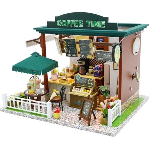Diy Dollhouse Miniatures Building Kits Green Cafe Wooden Doll House Furniture New Years Gift Kids Toys House Dolls Accessories