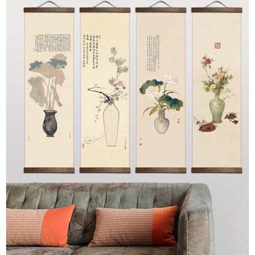 Chinese style flower Green plants canvas decorative painting Store bedroom living room wall art solid wood scroll paintings