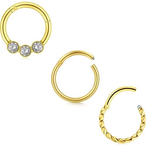 Wearable earrings ring-shaped hinge segment ring with transparent spiral ear holes rose gold 16G stainless steel