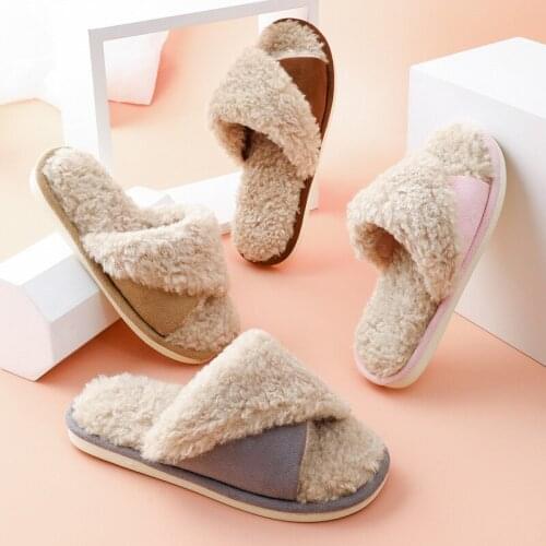 Autumn and Winter Japan and South Korea New Style Suede Stitching Cotton Shoes Womens Home Indoor Non-slip Warm Couple Slippers