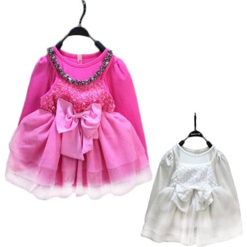 2017 Flower Girl Christening Wedding Party Pageant Dress 3d Rose Kids Girls Long Sleeve Events Princess Dresses With Bow-tie
