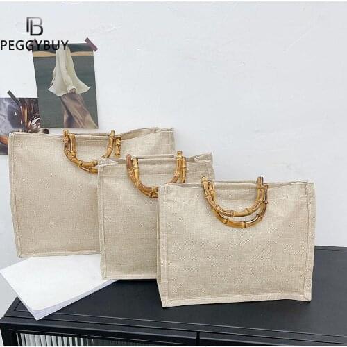 Portable Burlap Jute Tote Fruit Vegetable Shopping Bag Handbag Bamboo Loop Handles Reusable Tote Grocery Bags for Women Girls