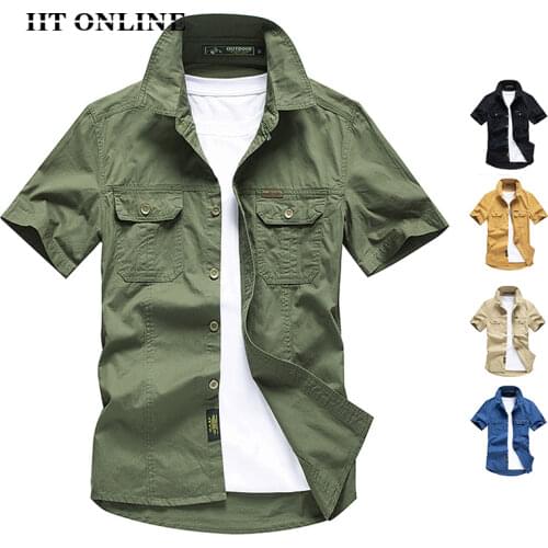 Mens Military Shirts Casual Short Sleeve 100% Cotton Slim Fit Cargo Shirt Men Summer Trendy Chest Pocket Business Lapel Shirt