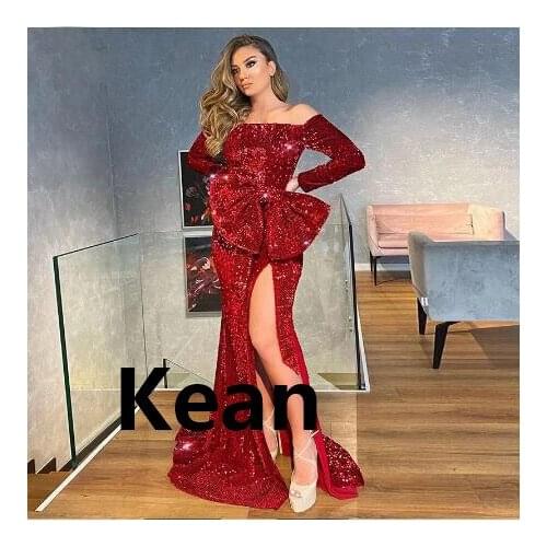 High Slit Sequins Evening Dresses Full Sleeves Mermaid Special Occasion Dress Islamic Dubai Kaftan Saudi Arabic Prom Dress