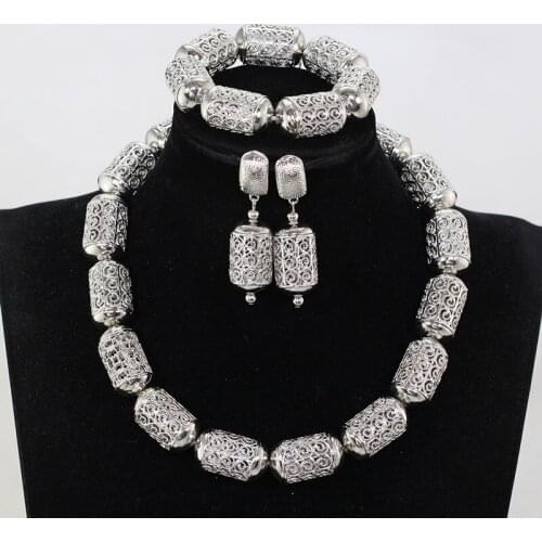 Women Luxury Wedding Bridal Jewelry Sets African Beads Silver Wedding Necklace Earrings Bracelet Sets Accessories WE233