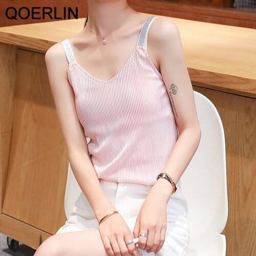 QOERLIN Spaghetti Strap Tank Tops 2021 Summer New Korean Shiny Solid Sweet Sexy V-Neck Top Halter All-match Sling Chiffon Shirt