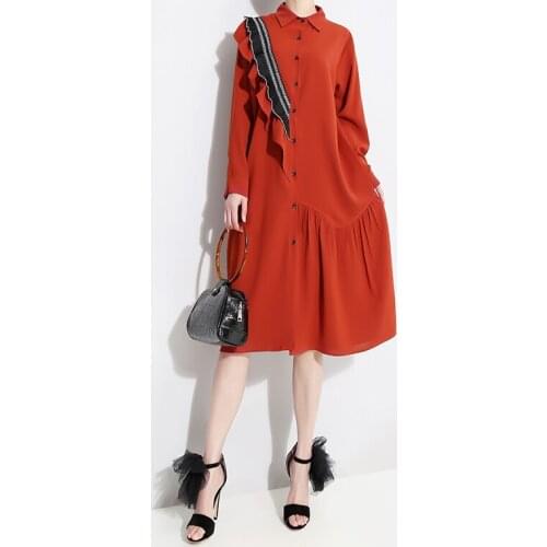 Spring 2019 New Long Sleeve Asymmetric Shirt Dress for Women Ruffles Black Loose Dresses