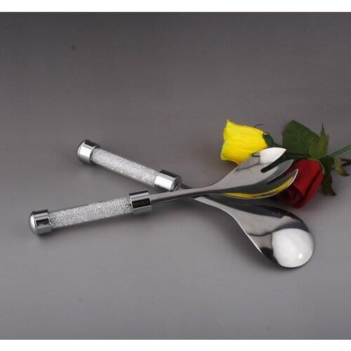 Top Grade Food Stainless Steel Salad Spoon & Fork Shining Crystal Rhinestone Salad Servers Silver Dinnerware Rose Cutlery 2pcs