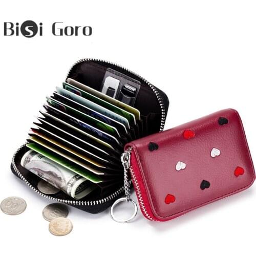 BISI GORO Love Embroidery Lady RFID Organ Card Wallet Scanner-proof SD Card Multi-functional Genuine Leather Mini Coin Wallet