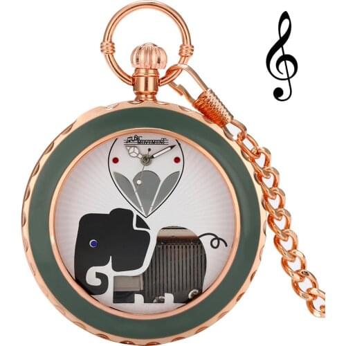 Rose Golden Color Elephant Animal Dial Hand Crank Playing Music Quartz Pocket Watch Steampunk Musical Movement FOB Chain Watch