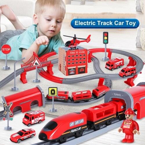 Electric Railway Train Track Set Racing Track Police Fire Car Toy Fit For Brand Wood Track Assembled Toys For Children Gift