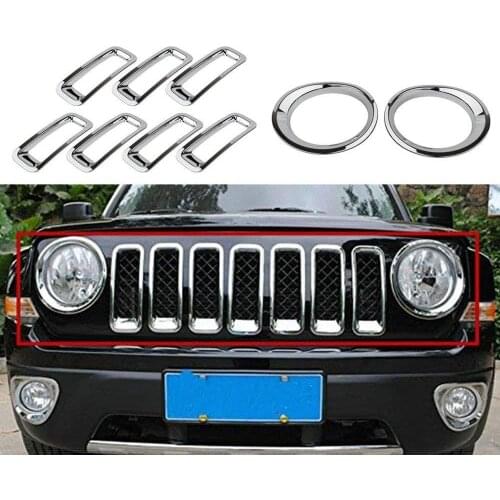 Chrome Silver Front Grille Grill Mesh Grille Insert Kit & Head Light Lamp Covers Trim for Jeep Patriot 2011-2017 9PCS