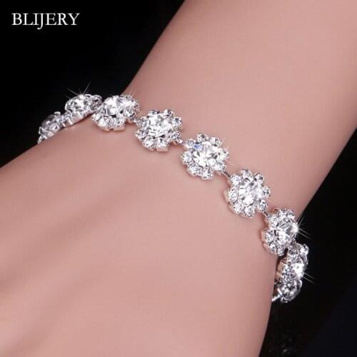 BLIJERY Silver Color Rhinestone Crystal Bracelets & Bangles for Women Flower Bridal Bracelets Wedding Engagement Jewelry Gifts