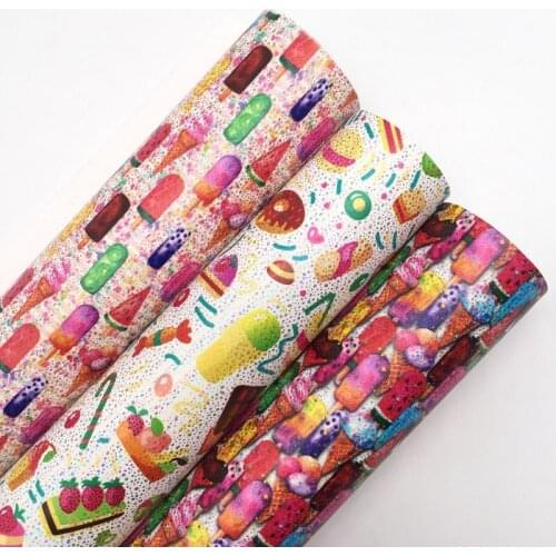 LEOsyntheticoDIY Popsicle Donuts Watermeleon Candy Printed Synthetic Faux Leather Fabric Felt Backing For DIY Bows 21X29CM R135